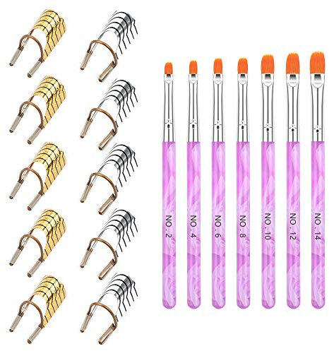 Iyowei 10 Stück Wiederverwendbare Nagel-Kunst-Form Guide + 7 Stück Nägel Pinsel Nagelschablonen Nail Art Formen Tipps Schablonen Maniküre DIY und UV-Gel Pinselset Perfekt für Gel & Acryl Nägel Nailart