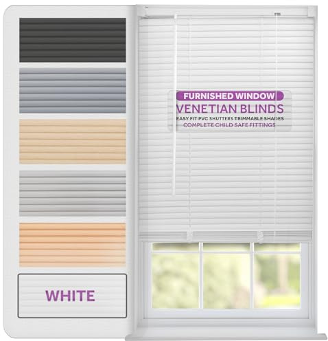 FURNISHED Veneziane Veneziane per finestre Tende in PVC Tende tagliabili persiane Lamelle da 25 mm Accessori completi per la sicurezza dei bambini - Bianco 130W x 210L cm