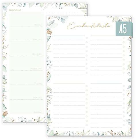 paper&you® Einkaufsliste Block A5 Blattgold 50 Blatt - Einkaufszettel Notizblock inkl. Essensplaner für die ganze Woche auf der Rückseite - nachhaltig & klimafreundlich