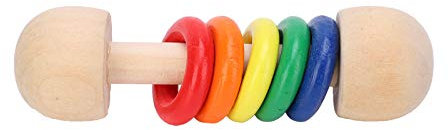 Holz Babyrassel Beißring, Holzrassel Bunte Ringe Greiftraining Farbwahrnehmung Baby Lernspielzeug(Regenbogen Farbe fünf Ringe)