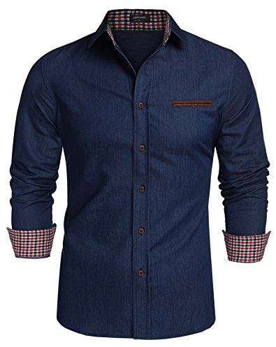 COOFANDY Herrskjorta långärmad jeansskjorta denimskjorta långärmad skjorta cowboy stil fritid skjorta män Kent krage business casual, B-mörkblå, XL