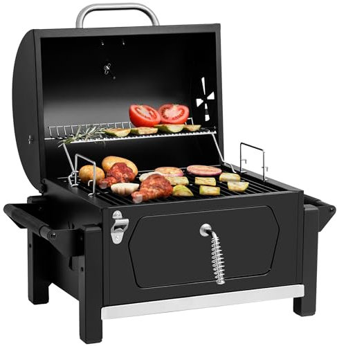 Royal Gourmet CD1519 bärbar kolgrill med två sidohandtag, kompakt utomhus kolgrill med flasköppnare, för resor, picknick, baklucka och campingplatsmatlagning, svart