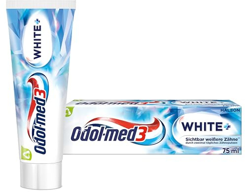 Odol-med3 White+ Zahnpasta, klinisch getestete Fluorid-Zahncreme, reinigt und entfernt Verfärbungen, für sichtbar weißere Zähne**, 75ml