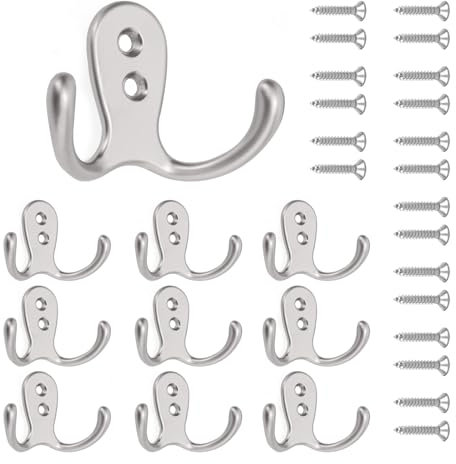 10 PCS Double Prong Robe Hooks Dual Coat Hooks Door Hooks with 20 PCS Screws Chrome Wall Mounted Hooks for Hanging Hat Tie Clothes Towel Metal Retro Cloth Hanger Silver for Bedroom Bathroom Kitchen