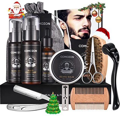Comozon 12-in-1 Bartpflege Set mit Bart Roller, Beard Growth Kit mit Bartshampoo Bartöl Bartbalsam Rasiermesser Bartbürste Bartkamm Bartschere, Geschenke für Ehemann, Freund und Papa