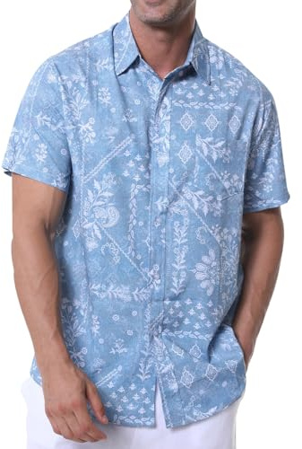 Danfiki Herr Hawaii-linne Skjorta Kortärmad Blommig Sommarskjorta, Ljusblått, XXL