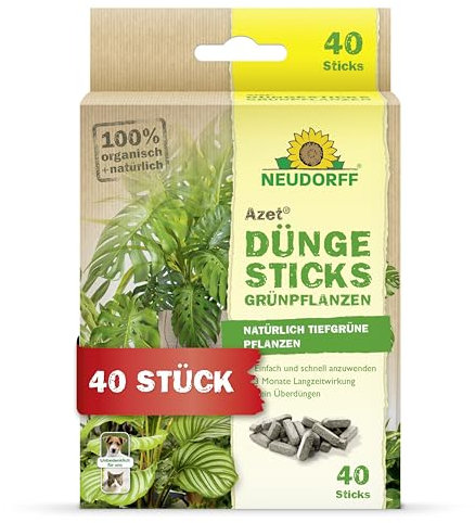 Neudorff Azet DüngeSticks für Grünpflanzen – Bio Düngestäbchen für kräftig grüne Grünpflanzen und Palmen mit 4 Monaten Langzeitwirkung, 40 Stück