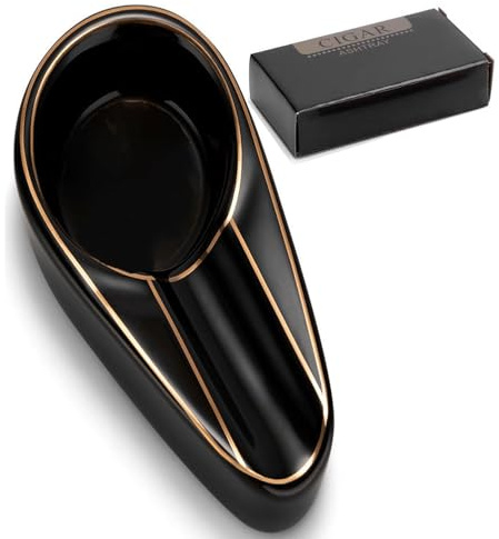 Cigar Ashtray Patio Single Ceramic Outdoor Ash Tray Cigars Portable Travel Porcelain Cigar Ashtrays Suitable for Gift Living Room Office Decoratio (Black with gold trim, M)