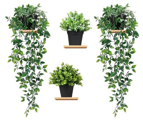 Tosoda 4 Pack Artificial Potted Hanging Plants Indoor Outdoor Artificial Plants in Pots Small Fake Ivy Vines Greenery Faux Trailing Plants for Home Office Shelf Wall Decoration