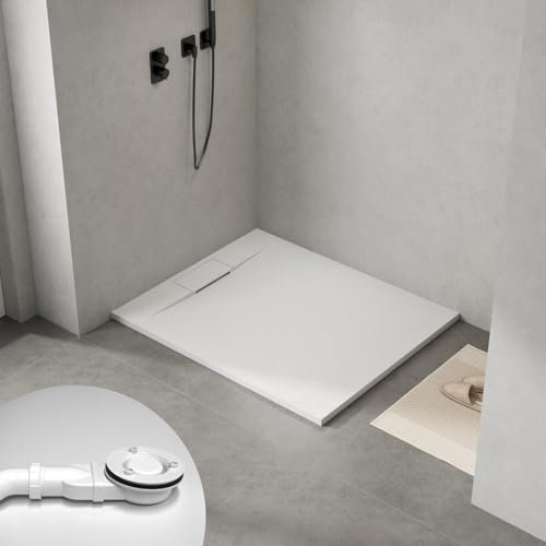 WITEN&NOCK SMC Duschwanne 120x100 cm SMC Brausewanne weiß Steinoptik Anti-Rutsch Duschtasse Höhe 3,2 cm superflach Brausetasse inkl.superflach Ablaufgarnitur