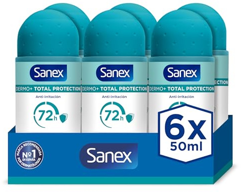 Sanex Dermo+ Total Protection Desodorante Antitranspirante Roll-On 72 Horas {50ml} – protección eficaz contra el sudor y el mal olor – dermatológicamente testado – contiene 0% alcohol* – acción 5 en 1
