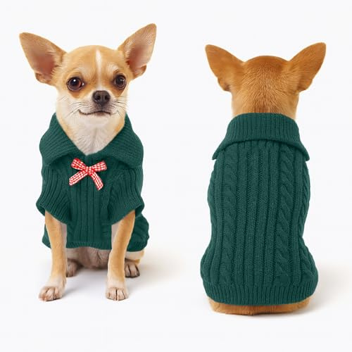 Peybaiwy Small Dog Pullover Sweater Puppy Cat Knit Lapel Bow Sweater Clothes Doggy Fall Winter Warm Coat Outfit for Dogs Boy Girl (Green, M)