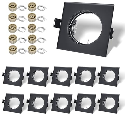 LteelDay uppsättning om 10 fyrkantiga GU10 installationsramar matt svart, 82 x 82 mm, hål 57–60 mm – inkl. VDE-fattning, fjäderklämmor – utan ljuskälla