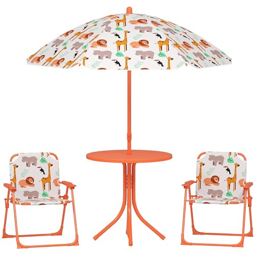 AIYAPLAY Tavolo da Picnic per Bambini, Set Tavolo e Sedie con 2 Sedie Pieghevoli e Ombrellone Removibile, Tema Giungla, Mobili da Esterno per Giardino, Patio, Arancione