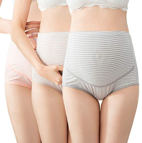 TRISTIN Cotton 3 Pack Pregnancy Maternity Overbump Smile High Waist Adjustable Underwear Knickers/Nursing Briefs, Nude+pink+gray(3 Pack Striped), 10-12 UK