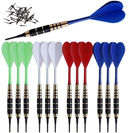 SHOT TAKER CO. EST. 2017 Soft Tip Darts Set |12 pc Bar Darts | 50 Extra Black 2BA Tips | 3 of Each Color| Fun Darts for 4 Players on Electronic/Plastic Dartboard (STC10428-18g-Black Knurled Rings)