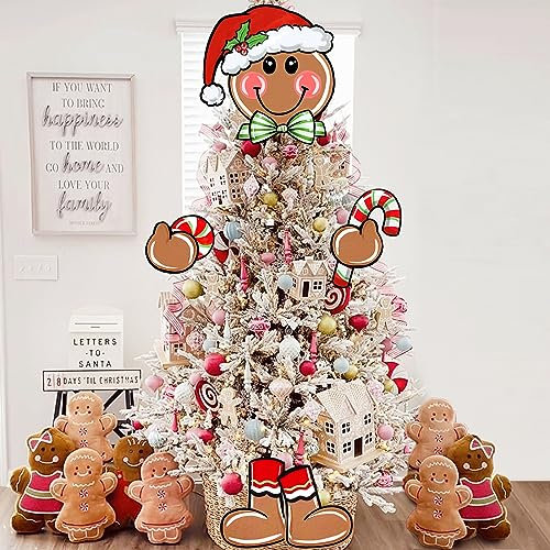 Auirre Gingerbread Man Christmas Tree Topper Head Arms and Legs, Xmas Peppermint Candy Santa Hat Decorative Tree Ornaments Decor, Holiday Indoor Home Decorations Party Supplies