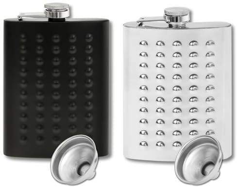 2 petacas de acero inoxidable con embudo, 227 ml, inoxidable, en negro mate y verde mate, diseño militar noble, para licor y alcohol de todo tipo (juego de 2 unidades, negro y plata)