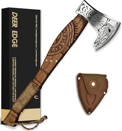 Deer Edge Viking Axe Forged High Carbon Steel Viking Axe | Balanced Ax | Odin Norse Bearded Axe | Camping Hatchet Axe | Sheath Included Handcrafted Ash Wood Shaft | Viking Gifts for Men