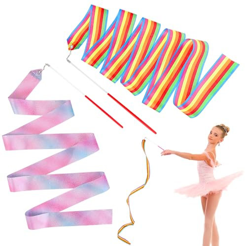 Amaxiu 2Pcs Gymnastics Dance Ribbon, 200cm Sparkling Ribbons Rainbow Ribbon with Wand Rhythmic Ribbon Streamers for Kids Girls Adults Artistic Dancing Training