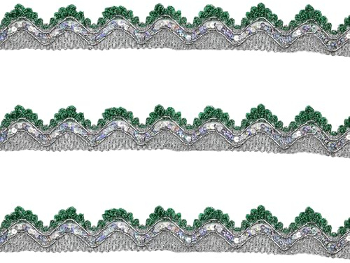 Tibaoffy Long 14 Yard Wide 35mm/1.37inch Green Silver with Silver Sequins lace Trim Decorated Craft Ribbon for DIY Craft Sewing Fabric