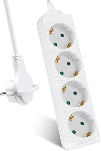 EXTRASTAR 4-Fach Steckdosenleiste, Flachstecker Mehrfachsteckdose mit 1.5m Kabel, Flacher Stecker mit Kindersicherung, 16A/3680W, Weiβ
