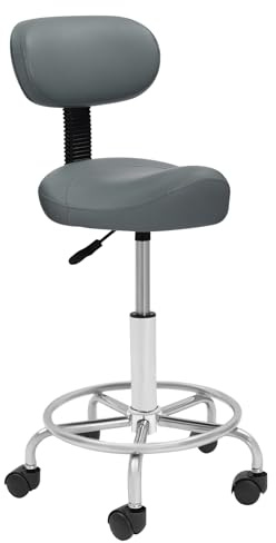 Sadelpall, arbetspall, höjd-sadelpall, rullpall, rullpall – justerbar höjd med hjul och ryggstöd, 360° vridning, sadelsäte, kontorsstol – ergonomisk övningspall, maximal lastkapacitet: 150 kg (grå)