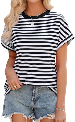 Xnova Camisetas Mujer Manga Corta Verano Camiseta Rayas Oversized Tops con Cuello Redondo Talla Grande Tshirt Basicas Casual Blusas Elegantes