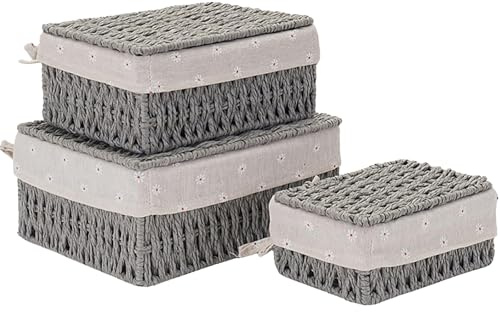 Kongming Aufbewahrungsbox mit Deckel & Futter 3 Stück Aufbewahrungskorb aus Papierseil Boho-Decor Korb Geflochten Badezimmer Organizer Boxen Aufbewahrung für Küche Bad Schlafzimmer Balkon (Grau)