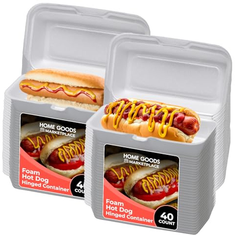 HOME GOODS MARKETPLACE Foam Hinged Hot Dog Containers, 40 Count - Premium Disposable Takeout Boxes for Hot Dogs, Sandwiches, Burgers, and Picnics