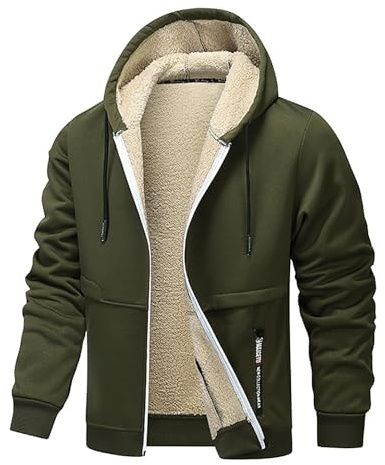 XCXC Herren Fleecejacke mit Kapuze und Reißverschluss Männer Einfarbige Gefütterte Winterjacke Kapuzenjacke mit Kordelzug Taschen Sweatjacke Freizeitjacke für Alltag