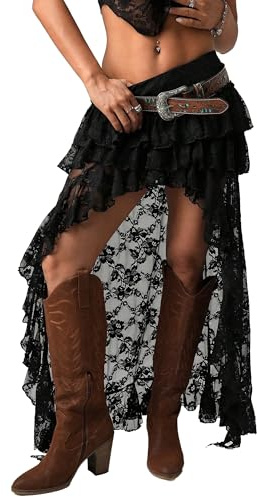 Anuedgis Women Y2k Lace Skirt Layered Ruffle Irregular Trailing Skirt Vintage 90s Hippie Cowgirl Low Rise A Line Mini Skirts (A-Black, M)