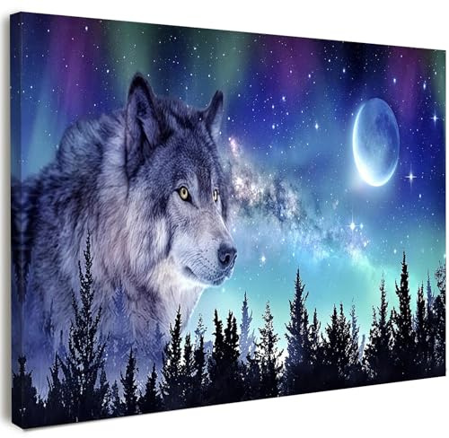 Canvas Wall Art Framed – Wolf Moon Night Sky Artwork with Northern Lights, Fantasy Nature Wall Decor for Bedroom, Living Room, Hallway or Entryway Home Decoration, with Hooks and Nails, 12x16 Inch