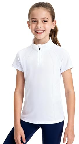 JOCMIC Girls Short Sleeve Equestrian Shirt Horse Riding Shirts Half Zip Kids for Golf Yoga Running White 9-10 Years