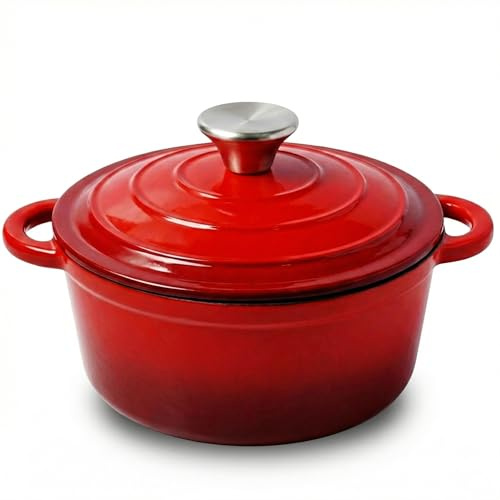 Pentola in ghisa 2L /Ø 20cm con coperchio per casseruola, adatta per pane e arrosto (rosso), Dutch Oven, adatta a induzione, resistente al forno fino a 260°C, lavabile in lavastoviglie, ideale per
