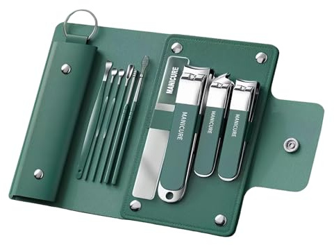 ZMZaoan Kit de Manicura y Pedicura 10 Piezas de Acero al Carbono – Set Profesional para Uñas, Cutículas y Cuidado de los Pies – Con Portalápices de Viaje para Mujer y Hombre (Verde Pino)