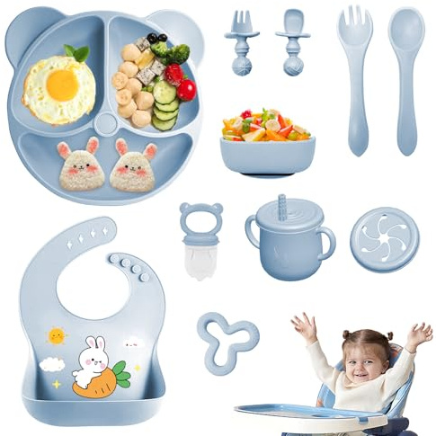 Coffret Repas Bebe 11 pièces, Vaisselle Antiderapant pour Bébé Set Silicone avec Ventouse Assiette Bol Fourche Cuillère Bavoir et Tasse, Enfant Set Couverts Vaisselle Pour Sevrage Manger (Bleu)
