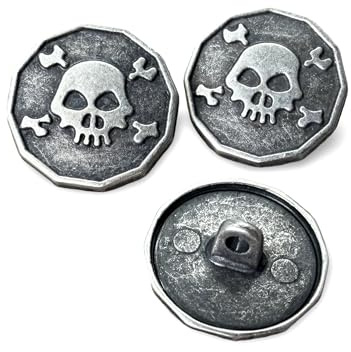 Uppsättning av 10 metallknappar, dödskalle, antiksilver, 15 mm eller 20 mm, åttakantiga dekorativa knappar med ögla – vintage dödsknappar för jackor, västar, gör-det-själv, sömnadsprojekt (15 mm)