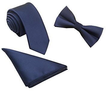 WANYING Herren Classic 6 * 12cm Fliege & 6cm Schmale Krawatte & 22 * 22 cm Einstecktuch 3 in 1 Sets - Einfarbig Dunkelblau