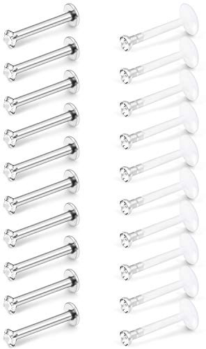 SCERRING 20PCS 16G 8mm Acrylic & Stainless Steel Labret Monroe Lip Ring Tragus Nail Helix Earring Stud Piercing Jewelry with 2mm 4-Prong-Setting Clear CZ