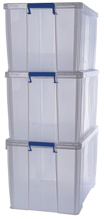 Bankers Box 3x 36L Plastic Storage Boxes with Lids. ProStore Super Strong Stackable Plastic Storage Boxes (31.5 x 47.5 x 38cm), Made in the UK, Clear