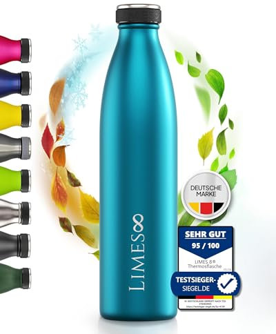 Limes 8 Thermosflasche Edelstahl 1L [HEIß & KALT] – 5-fach vakuumisolierte Trinkflasche – Auslaufsichere & kohlensäuregeeignete Isolierflasche für Alltag, Sport & Outdoor (12h warm, 24h kalt)