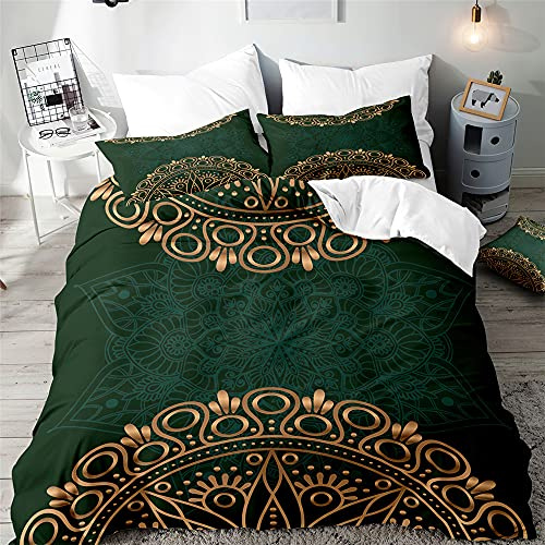 Surwin Bettwäsche-Sets 3 Teilig, Microfaser Bettwäsche Set Einzelbett Doppelbett 3D Mandala Drucken Bettbezug mit Reißverschluss und 2 Kissenbezüge (Dunkelgrün,200x200cm)