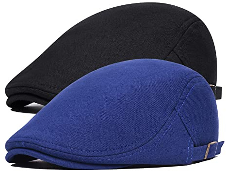 BOTVELA 2 Pack Men Newsboy Cap Cotton Golf Driving Flat Hat (Black/Sapphire)