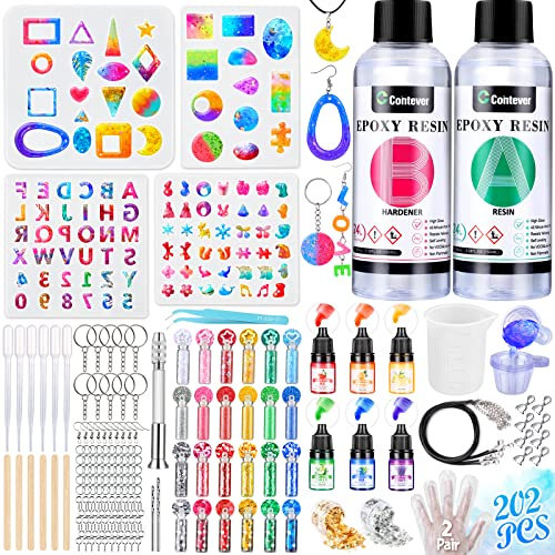 Epoxidharz, transparent, 202 Stück, Epoxidharz, Komplettset mit 4 Epoxidharz-Formen, Epoxidharz, Pailletten, Blattgold, 1:1 Verhältnis für Schmuckherstellung, Halskette, Schlüsselanhänger