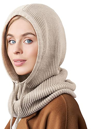 AQOKKA Knit Balaclava Hooded Scarf Hat Neck Warmer Winter Hat for Women | 1 Pc Warm Windproof Skull Cap with Drawstring Opening Size Balaclava Winter Cold Weather Hat for Women Men Outdoor Sports