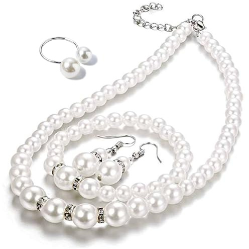 Tatibana 4 Pcs Pearl Jewelry Set 1920s Costume Jewelry Necklaces Pearl Hoop Earring Bracelet Ring for Women Wedding Sets