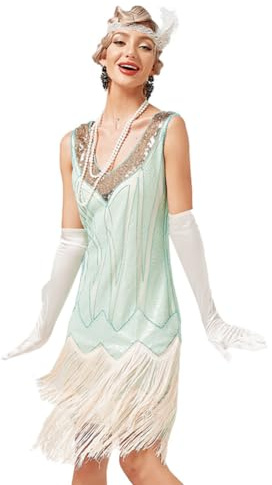Cicano Vestido vintage de los años 20 para mujer, con lentejuelas, flecos, disfraz de Gatsby, verde claro, XS