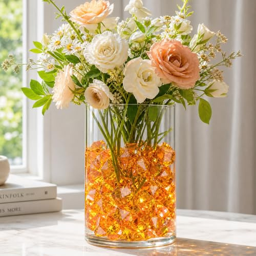 VGOODALL 150Pcs Orange Fake Ice Rocks, Acrylic Vase Fillers for Autumn | Reusable, Non-Melt Acrylic Gems in Crushed Shapes, Ideal for Halloween, Weddings, Photography & Fire-Glow Displays