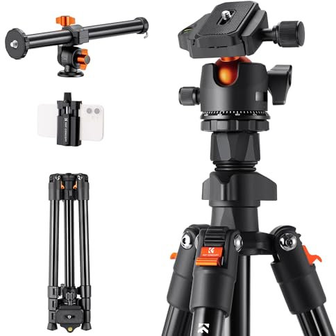 K&F CONCEPT O234A1 Kamerastativ mit Auslegearm,163cm Handy-Stativ, Tripod für unterwegs, Stativ für Smartphone mit Handyhalterung, Aluminium Reisestativ mit BH-36 Kugelkopf